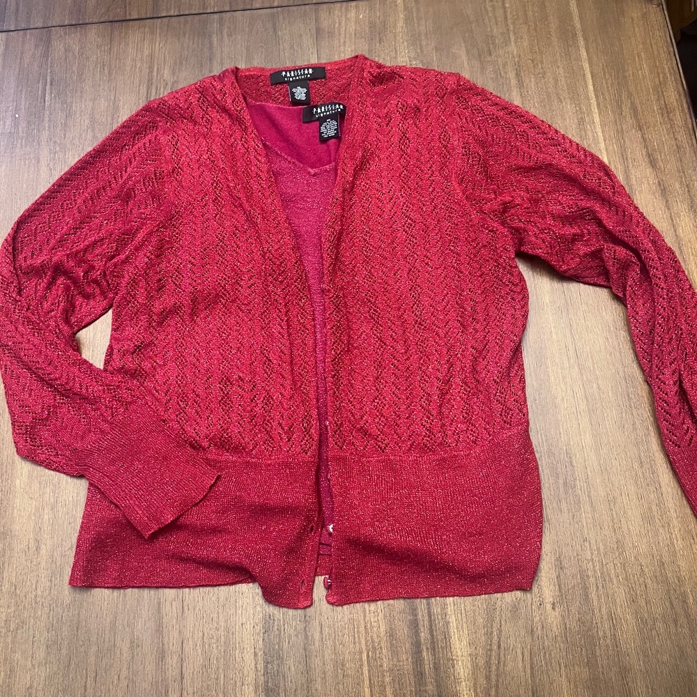 Textured red cardigan.